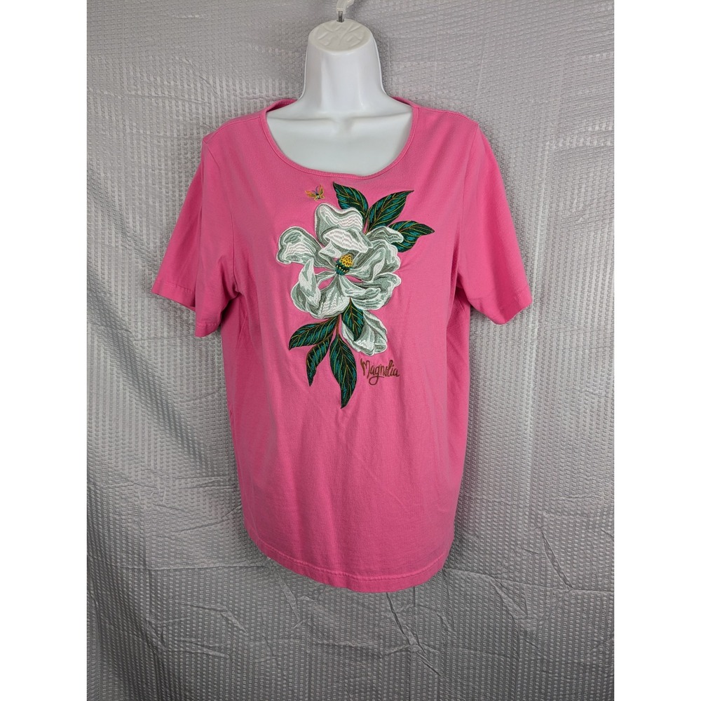 Bob Mackie Wearable Art Womens L Pink Magnolia Embroidered Tee Shirt Top